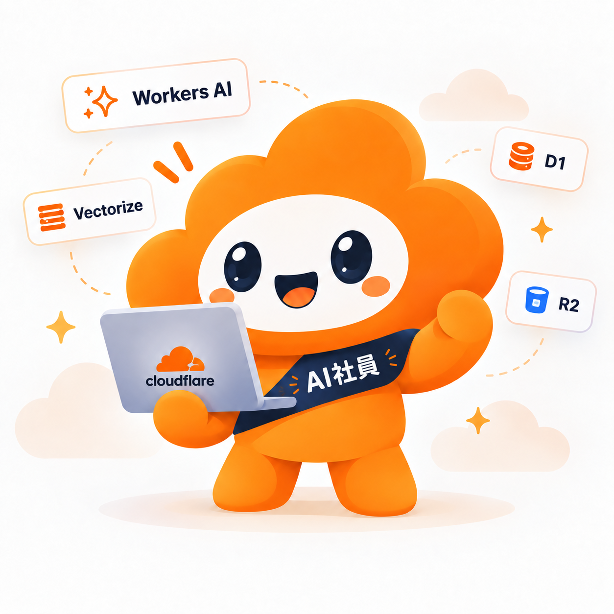 パソコンを持つ、オレンジ色のAI社員マスコット